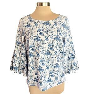 Jane and Delancey White Blue Floral Bell Sleeve Cotton Top Sz M Cottagecore Boho